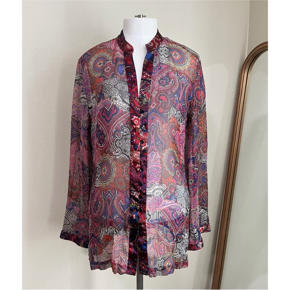 Chicos Size 1 Silk Blouse Sheer Button Front Paisley Long Sleeve Top